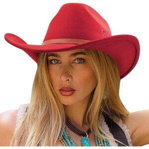 Women's Red Western With Leather Band Buckle Classic Fedora Cowboy Felt Hat